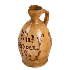 German Stoneware Jug, Ringeloor Decoration, Dated 1799 Text loosely translates: “Long Live Suschen – 1799” (family name) Inventory Thumbnail