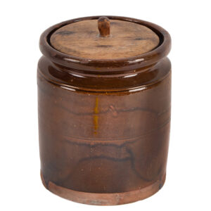 Redware Jar, Crock with Period Pine Cover, Carved Knob, Cork Lid Base Inventory Thumbnail