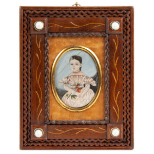 Miniature Portrait of Young Girl, Inspired Unique Carved & Inlayed Frame Inventory Thumbnail