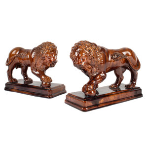 Antique Standing Lion Figures on Plinth, Molded Redware, Rockingham-Glazed Inventory Thumbnail