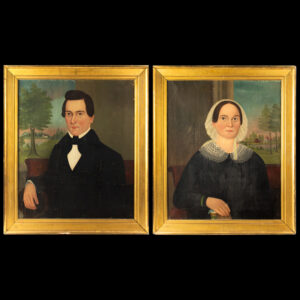 Folk Art Portraits, George Gassner, Attractive Couple, View of Landscape and Dwellings. Likely by George Gassner (1811-1861) Inventory Thumbnail