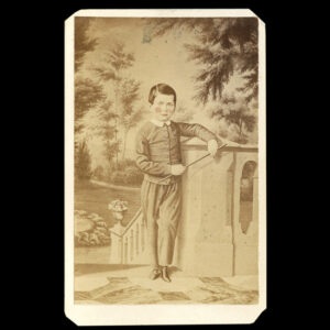 Folk Portrait, Standing Little Boy at Top of a Stairway In an Exterior Landscape Inventory Thumbnail