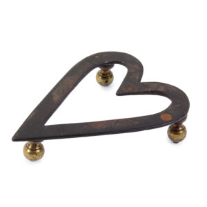 Trivet, Wrought Iron, Heart Shape, Brass Ball Feet, Rare with Brass Feet Inventory Thumbnail