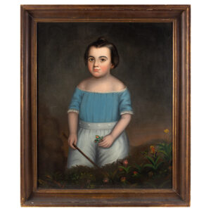 Folk Portrait, Young Boy in Blue Holding Whip in Field of Flowers Inventory Thumbnail