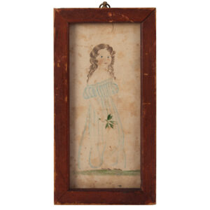 American Folk Art Portrait, Young Girl Holding Sprig of Flowers Inventory Thumbnail