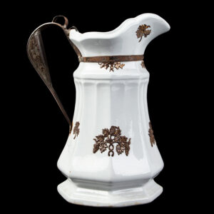 Ironstone Make-do Molded Pitcher, Sheet Iron Handle, Molded Grape Octagon Inventory Thumbnail