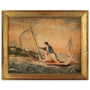 Cupid Directs Young Lovers Toward Shore, Folk Watercolor Inventory Thumbnail