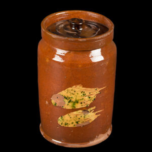 Fine Cylindrical Redware Jar, Two Abstract Fish-Design Inventory Thumbnail