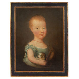 Folk Art Portrait, Child in Blue Dress Holding Adorable Kitten Inventory Thumbnail