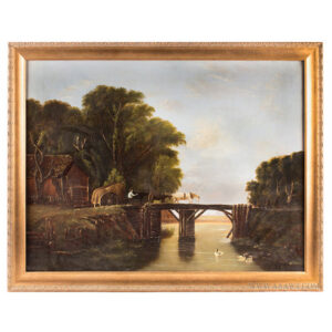 Horse Drawn Wagon Crossing Bridge over River, Landscape Painting Inventory Thumbnail