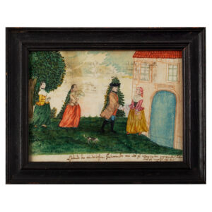 Folk Art, Watercolor, Garden Scene, Man, Three Women, Dog Inventory Thumbnail