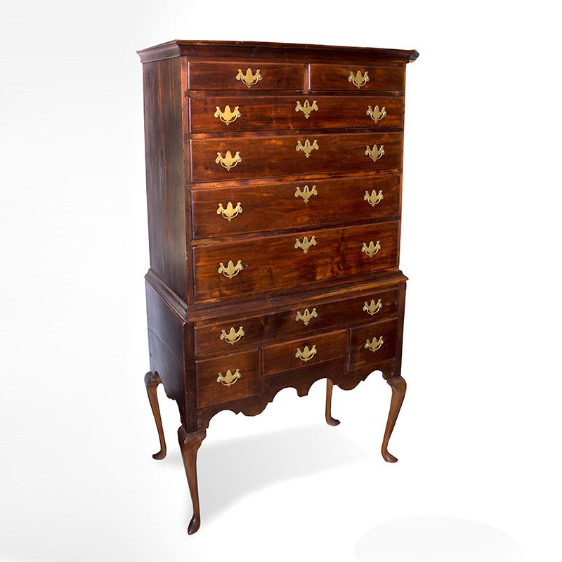 Antique Flat Top Highboy, Newport. Detachable Legs, Slipper Feet, Maple Inventory Thumbnail