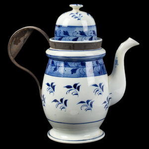 Pearlware Make-do Coffeepot, Dome Top, Tinned Sheet Iron Scroll Handle Inventory Thumbnail