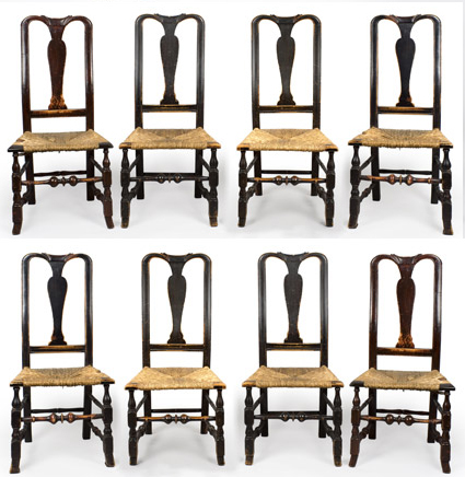 Queen Anne Side Chairs, Near Matching Assembled Set of Eight