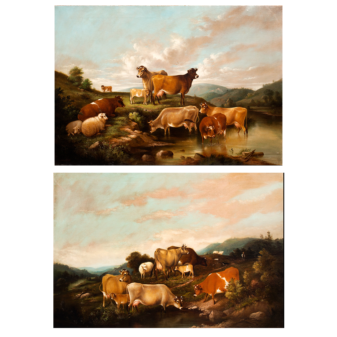 Paintings, Pair, Mrs. Susan M. Waters, Landscapes Featuring Cows and Sheep