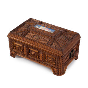 Tramp Art Chest, Jewelry Box, Inset Shadowbox Displaying Floral Composition Inventory Thumbnail