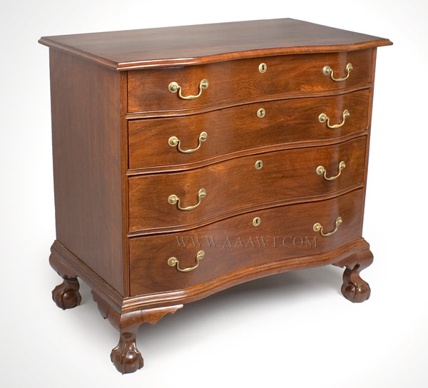 Chippendale Chest of Drawers, Reverse Serpentine, Ball & Claw Feet, Probably North Shore, Massachusetts, 1760 to 1780