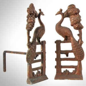 Pair of Cast Bronze Andirons, Peacock on Fence Flanked by Trees Inventory Thumbnail
