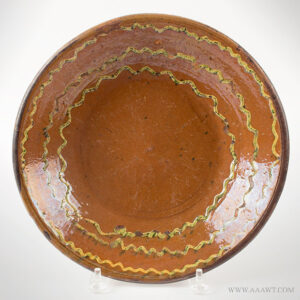 Redware Pan, Nathaniel Seymour Pottery, Wheel Thrown, Yellow Wavy Slip with Green Flecks Inventory Thumbnail