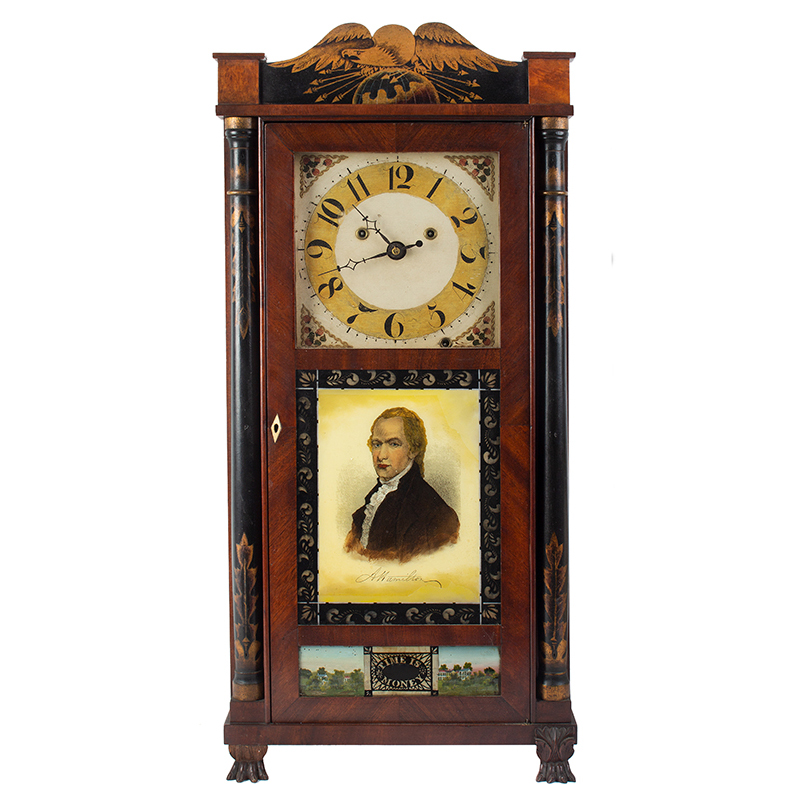 Silas Hoadley TIME IS MONEY Shelf Clock, Portrait of ALEXANDER HAMILTON Inventory Thumbnail