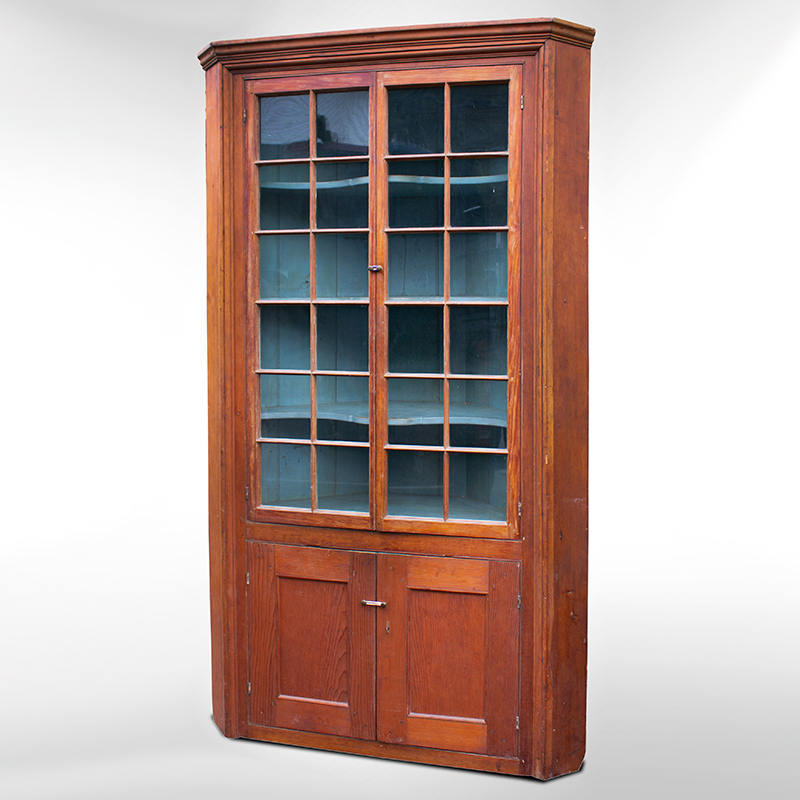 18th Century Corner Cupboard, 24 Lights, Blue Painted Interior Inventory Thumbnail