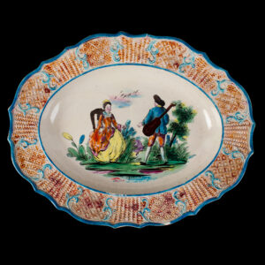 Oval Platter, Scalloped Diapered & Scrolled Border, Seated Woman & Suiter Inventory Thumbnail