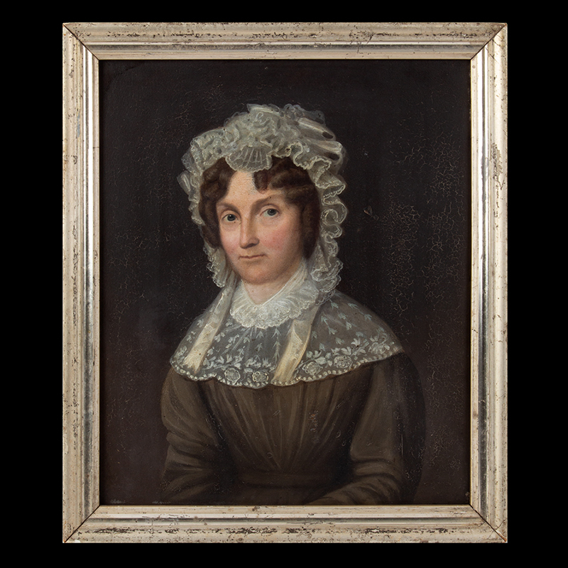 Folk Portrait Painted on Wood Pannel, Woman Wearing Bonnet, American School Inventory Thumbnail