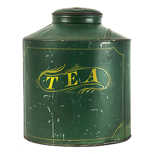 Mercantile Tea Cannister, Painted Tin, Green, Yellow Lettering and Flourishes Inventory Thumbnail