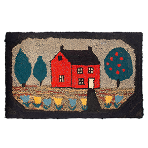 Hooked Rug, Cottage Garden, Red House, Apple Tree, Tulips Inventory Thumbnail