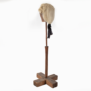 Antique Wig on Make-do Stand, Turned and Carved Hardwood Stand, Labeled Inventory Thumbnail