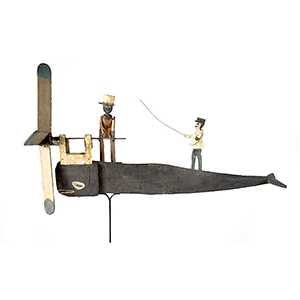 Folk Art Whirligig, A Man Wearing Tin Top Hat Atop Whale Inventory Thumbnail