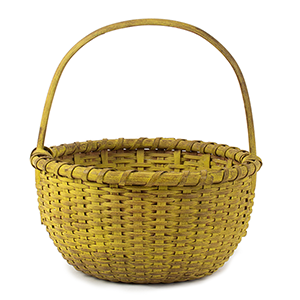 Round Utility Basket, Carved & Notched Handle, Pushed-Up-Bottom, Yellow Paint Inventory Thumbnail