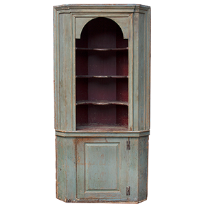 Corner Cupboard, Open Top, Shaped Shelves, Paneled Door, Blue Paint Inventory Thumbnail