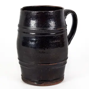 18th Century Barrel Shape Black Glazed Redware Mug Inventory Thumbnail