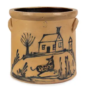 Stoneware Folk Art Crock, Elaborate Scene, House, Dog, and Landscape Inventory Thumbnail