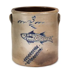 19th Century Three-Gallon Stoneware Crock with Cobalt Fish Decoration Inventory Thumbnail