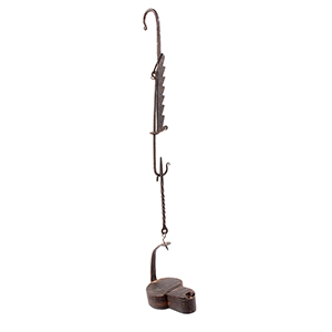 9 Inch Wrought Iron Hanging Trammel, Rare Small Lighting Device, with Betty Lamp Inventory Thumbnail