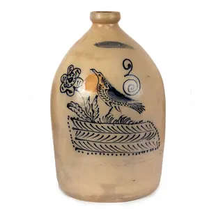 Stoneware Jug with Cobalt Bird & Flower Decoration Marked “GEDDES N.Y.” Inventory Thumbnail