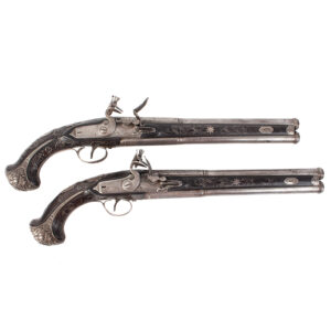 Pair of Large Over / Under Flintlock Pistols, Peter Meesen Firing System, Silver Mounted Inventory Thumbnail