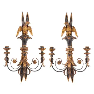 Pair, Carved, Ebonized & Gilt Wood Three-Light Neoclassical Candle Sconces Inventory Thumbnail