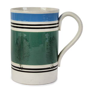 Mochaware Mug, Blue and Green Bands, Four Dendritic Seaweed Trees Inventory Thumbnail