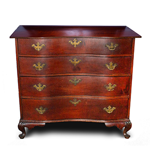 Queen Anne Reverse Serpentine Four Drawer Chest on Carved Bandy Legs Inventory Thumbnail