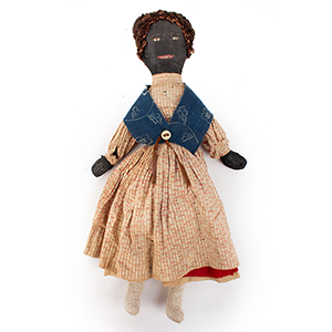 A Black Cloth Doll with Astrakhan Hair, Embroidered Facial Features Inventory Thumbnail