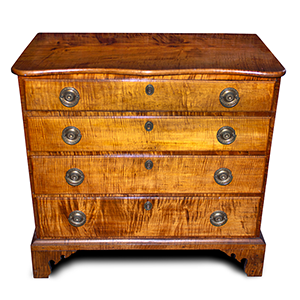 Tiger Maple Four Drawer Chest, Serpentine Top, Original Brass Hardware Inventory Thumbnail