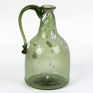 Handled Nailsea Bottle Jug, Light Olive Green, Large White Speckles & Flecks Inventory Thumbnail